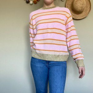 525 America Pink Colorful Stripe Metallic Trim Sweater